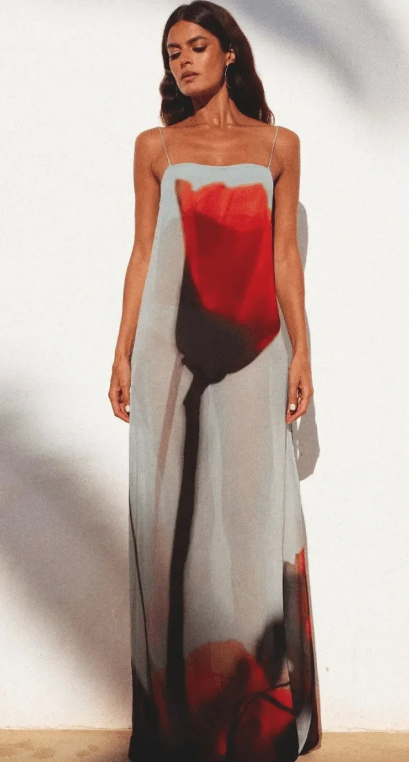 Robe longue femme rouge grise imprimée à bretelles fines | ROBEMODE