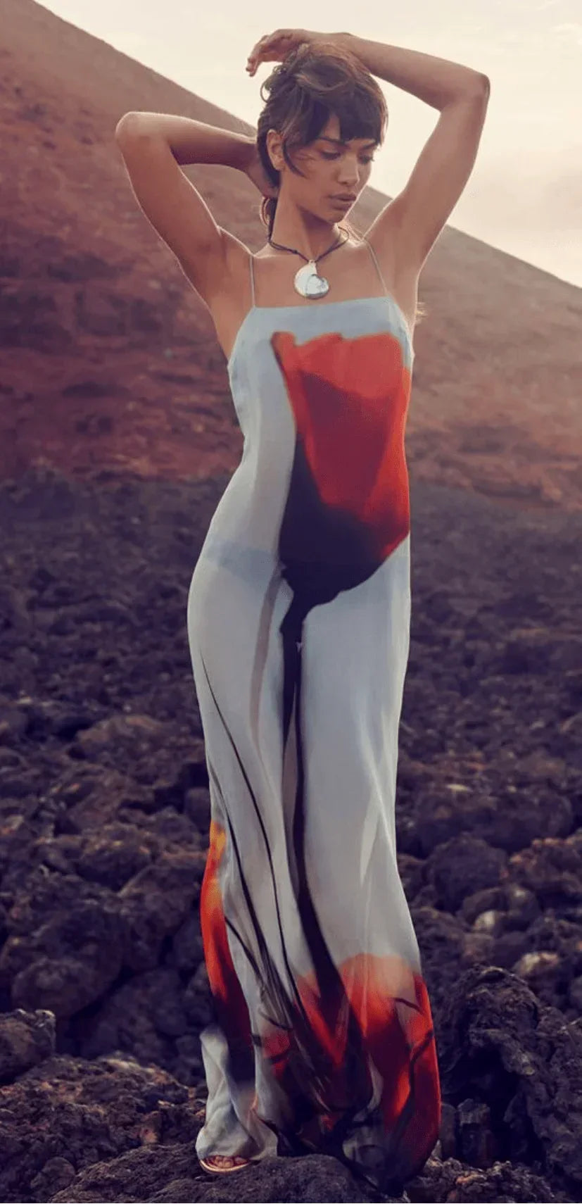 Robe longue femme rouge grise imprimée à bretelles fines | ROBEMODE