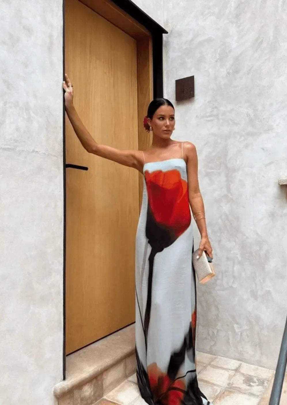 Robe longue femme rouge grise imprimée à bretelles fines | ROBEMODE