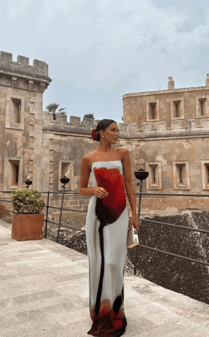Robe longue femme rouge grise imprimée à bretelles fines | ROBEMODE