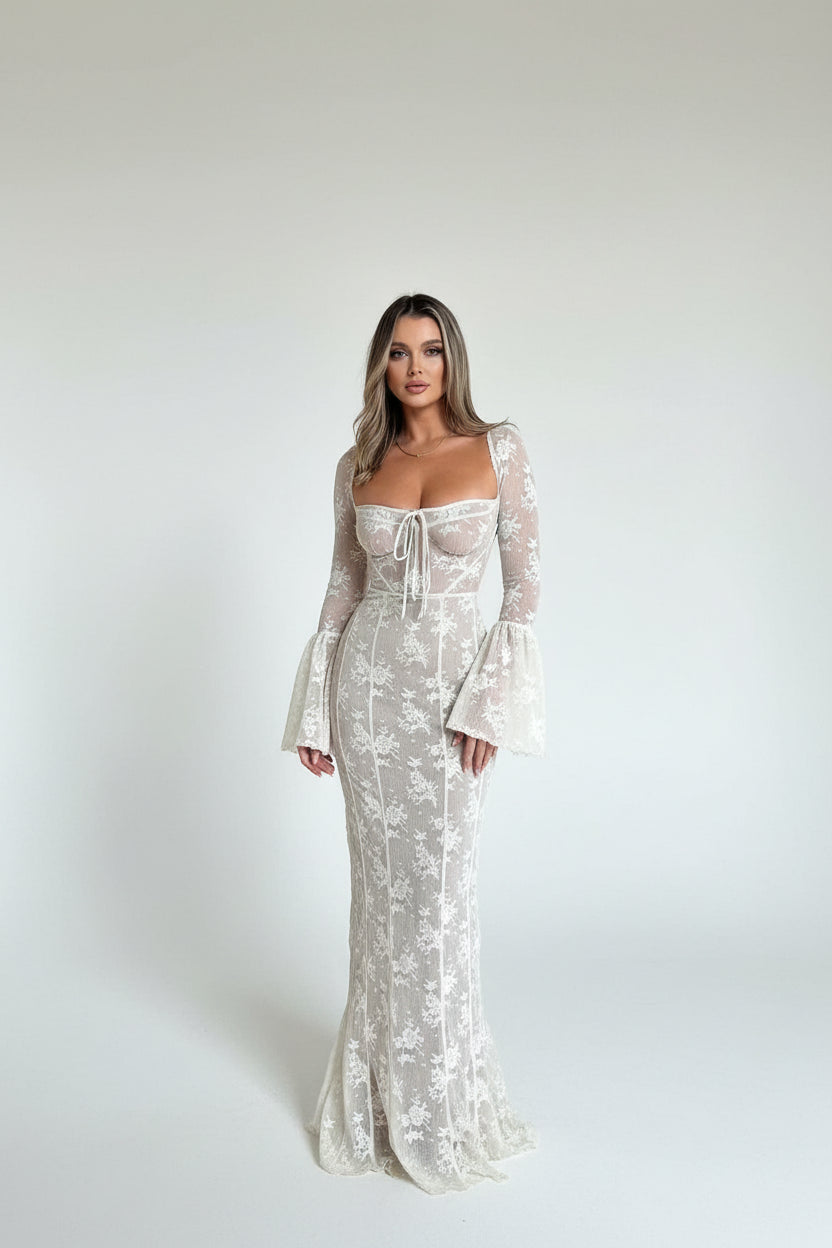 Robe longue blanche dentelle manches longues soirées élégantes | ROBEMODE