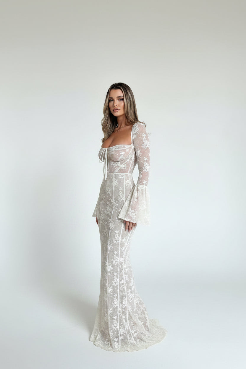 Robe longue blanche dentelle manches longues soirées élégantes | ROBEMODE