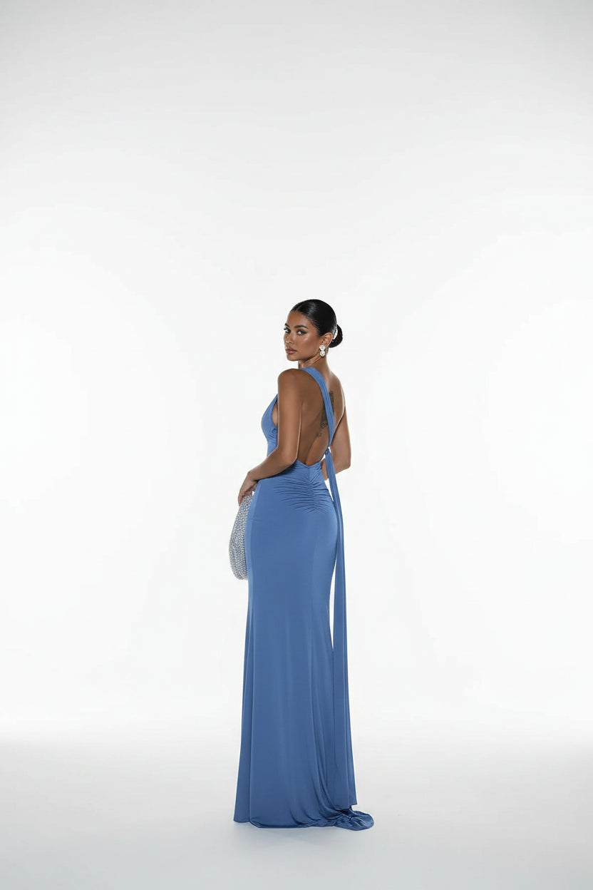 Robe longue femme bleue fendue asymétrique sans manches | ROBEMODE