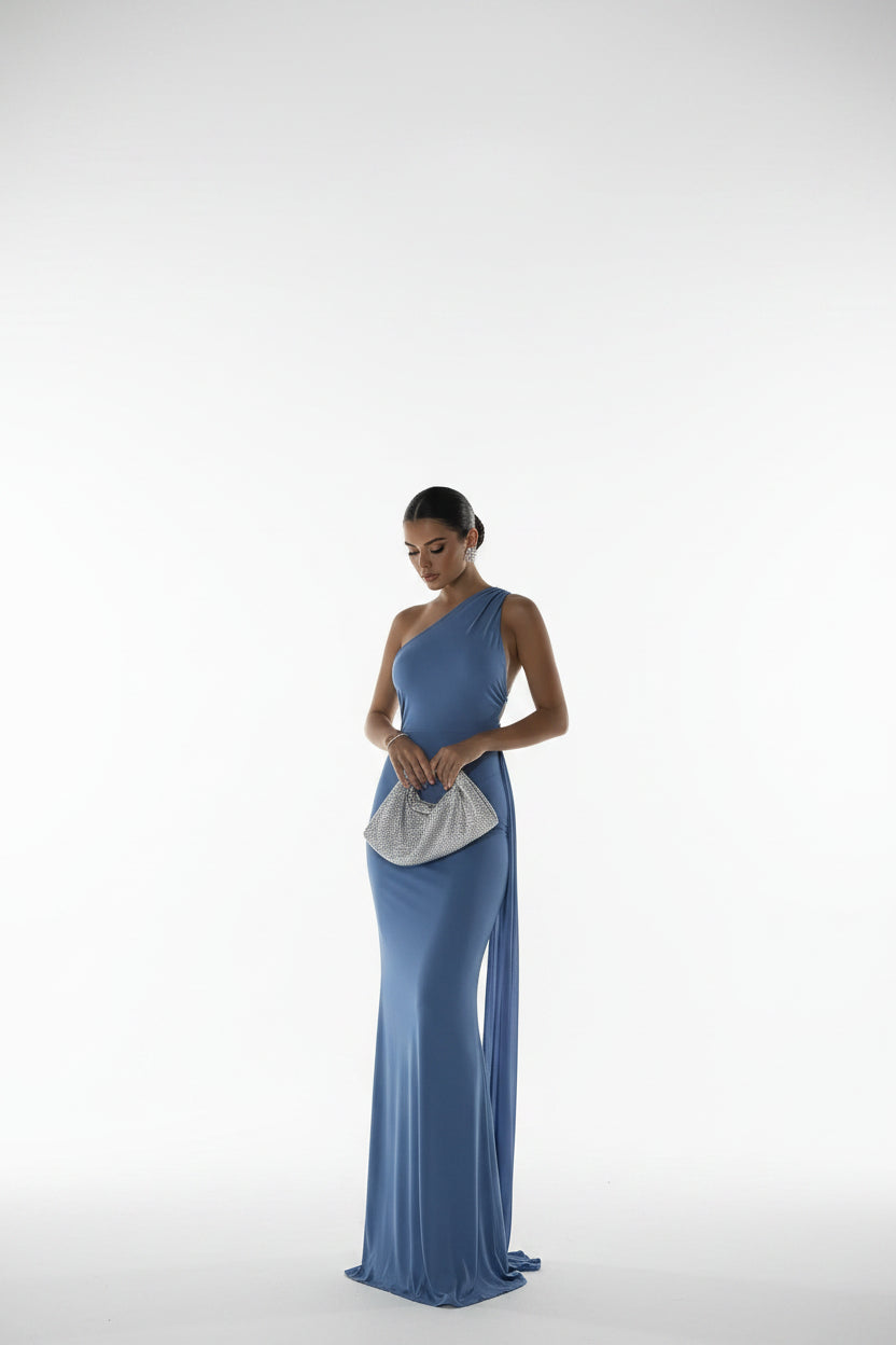 Robe longue femme bleue fendue asymétrique sans manches | ROBEMODE