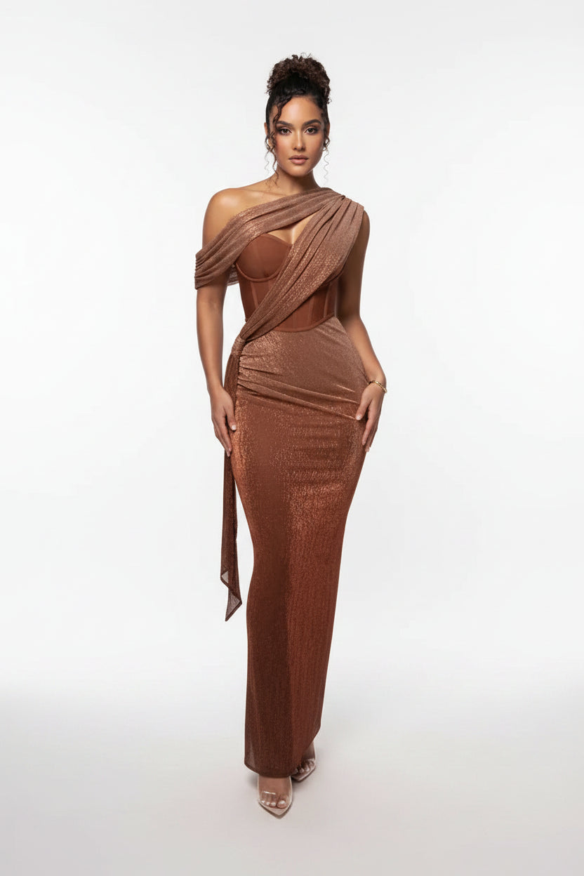 Robe longue soirée asymétrique scintillante bretelle | ROBEMODE