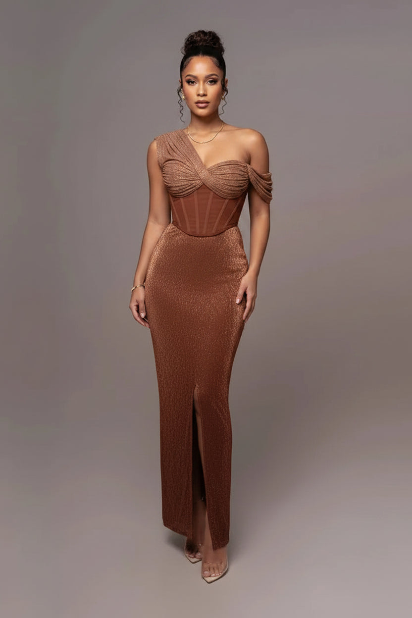 Robe longue soirée asymétrique scintillante bretelle | ROBEMODE