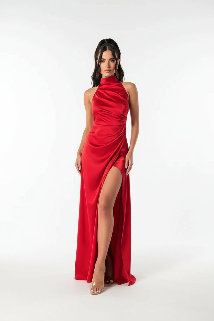 Robe longue soirée sans manches col montant fendue | ROBEMODE