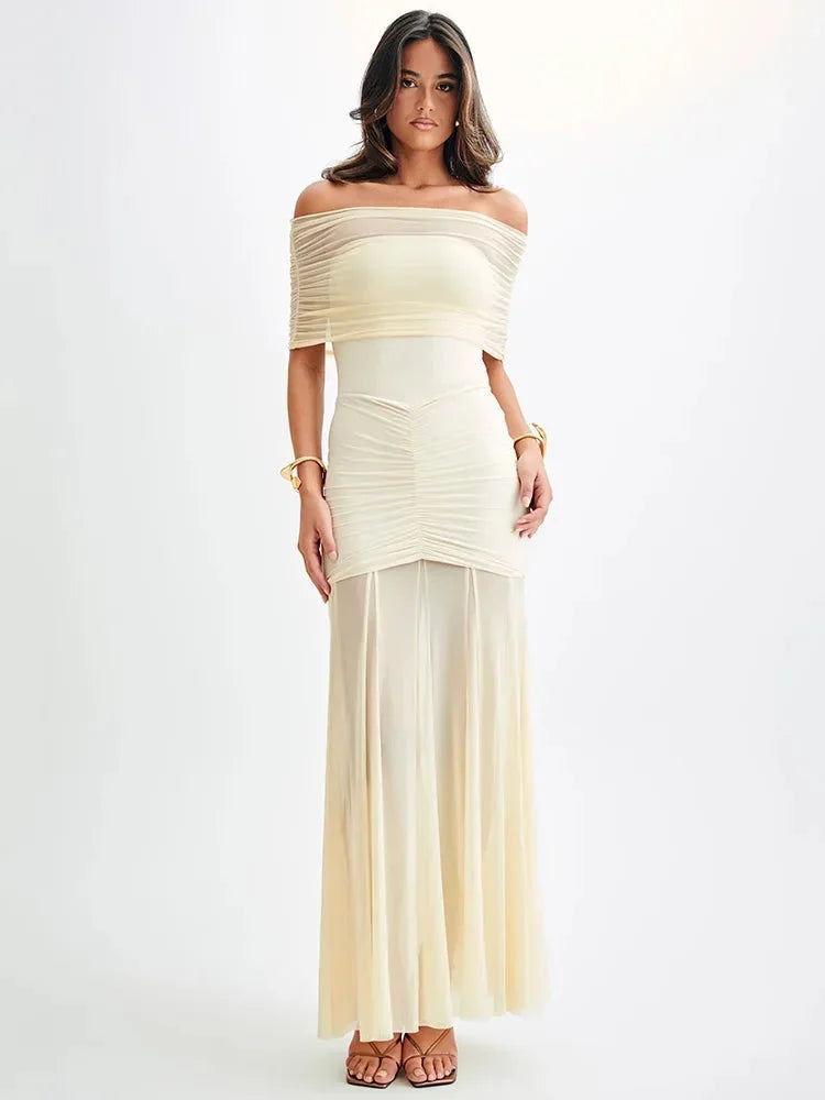 Robe Longue Bardot Ruchée Manches Courtes Soirée 2 Coloris | ROBEMODE