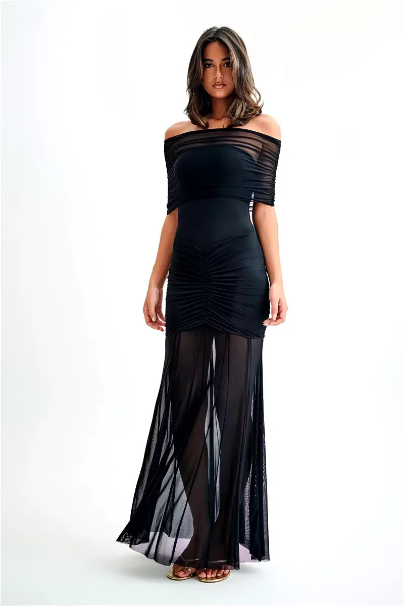 Robe Longue Bardot Ruchée Manches Courtes Soirée 2 Coloris | ROBEMODE
