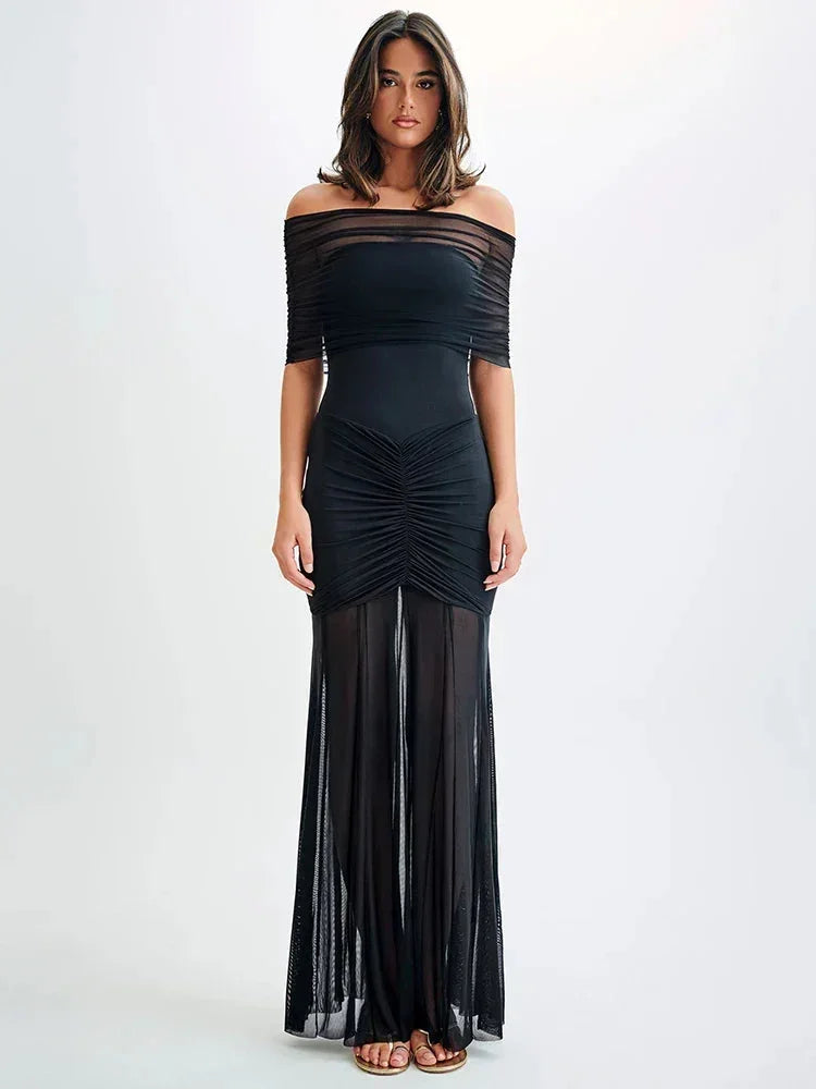 Robe Longue Bardot Ruchée Manches Courtes Soirée 2 Coloris | ROBEMODE