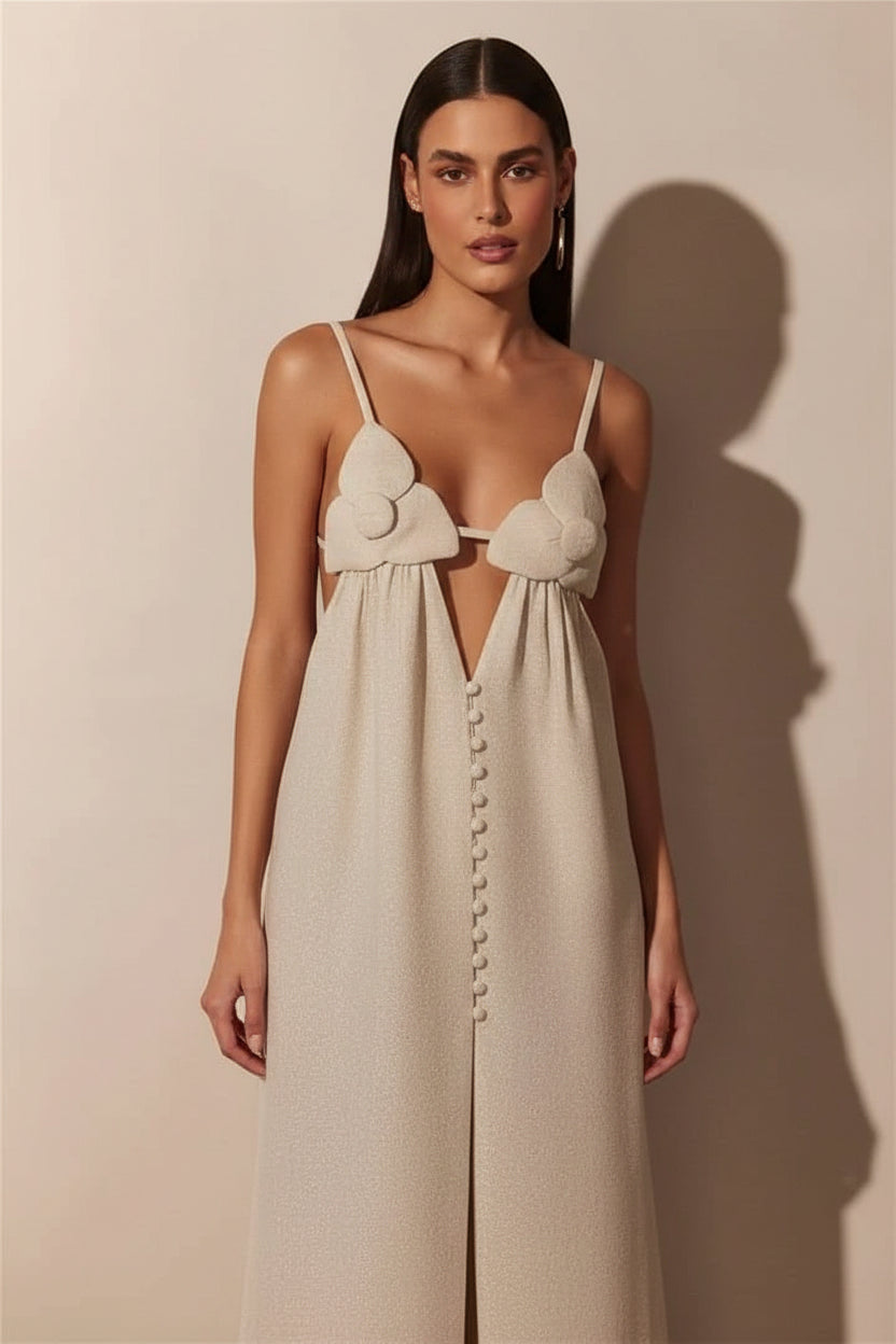 Robe longue femme beige fendue avec fleurs 3D | ROBEMODE