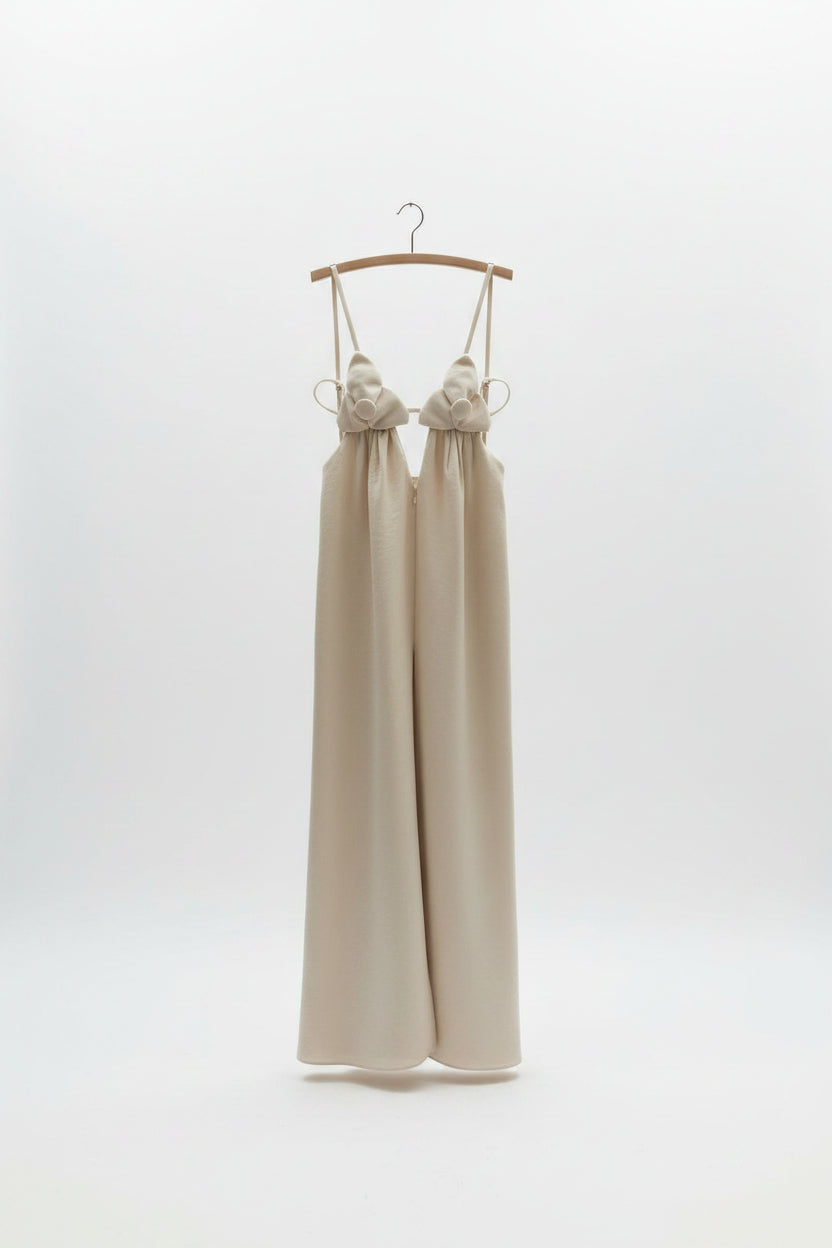 Robe longue femme beige fendue avec fleurs 3D | ROBEMODE