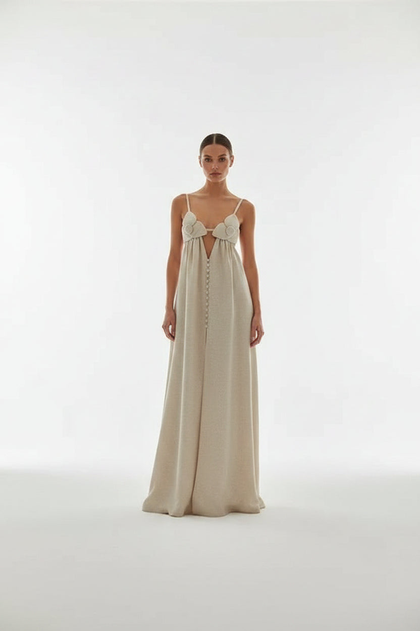Robe longue femme beige fendue avec fleurs 3D | ROBEMODE