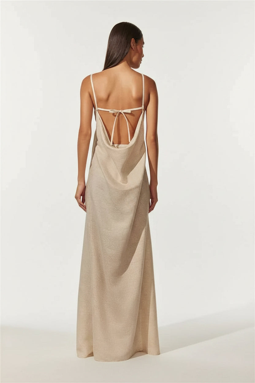 Robe longue femme beige fendue avec fleurs 3D | ROBEMODE