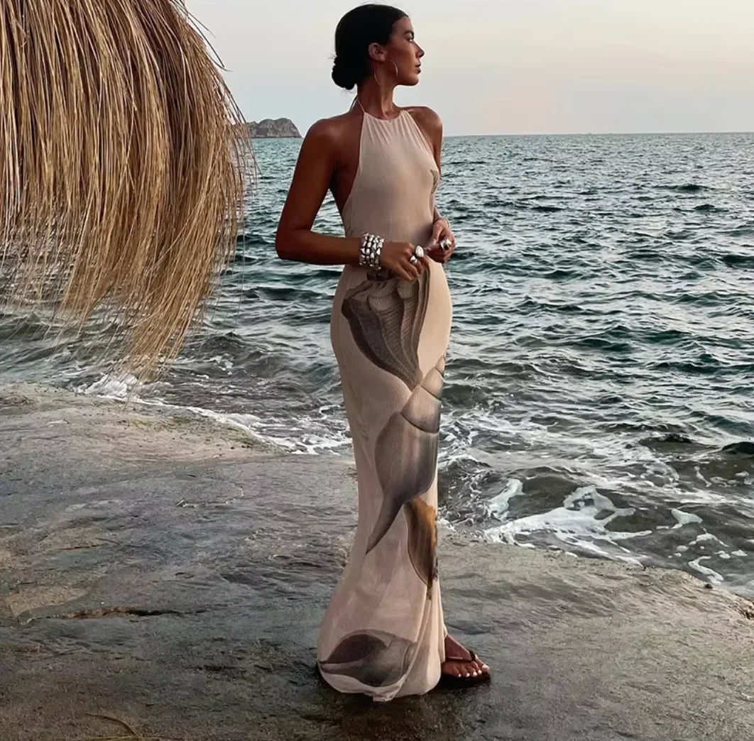 Robe longue femme sans manches beige motif coquillage | Coupe féminine + Style élégant + Facile à accessoiriser – ROBEMODE