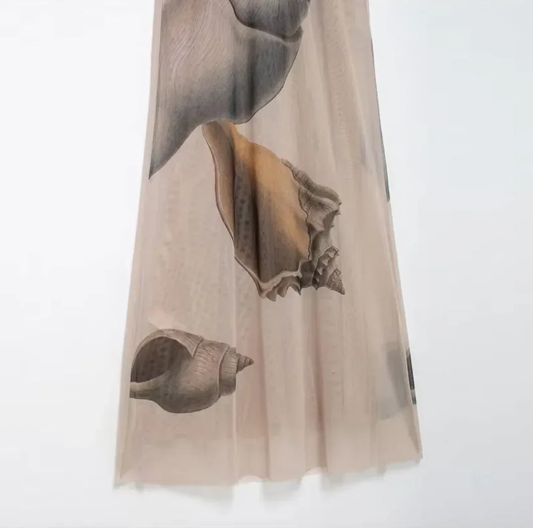 Robe longue femme sans manches beige motif coquillage | Coupe féminine + Style élégant + Facile à accessoiriser – ROBEMODE