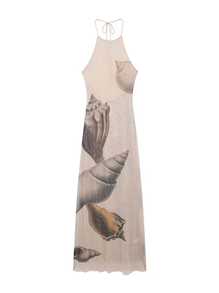 Robe longue femme sans manches beige motif coquillage | Coupe féminine + Style élégant + Facile à accessoiriser – ROBEMODE