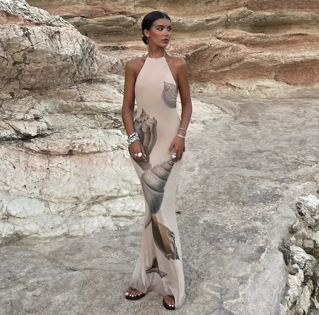 Robe longue femme sans manches beige motif coquillage | Coupe féminine + Style élégant + Facile à accessoiriser – ROBEMODE