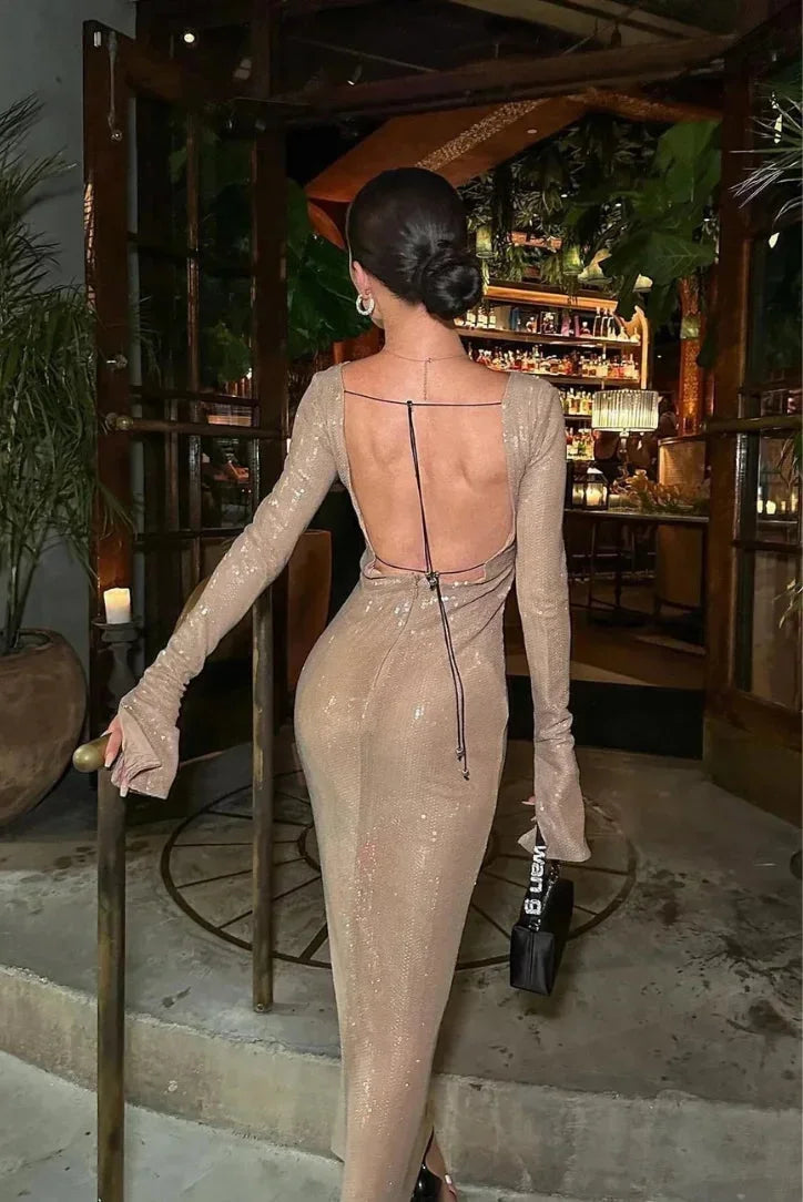 Robe longue femme beige pailletée manches longues col V | ROBEMODE