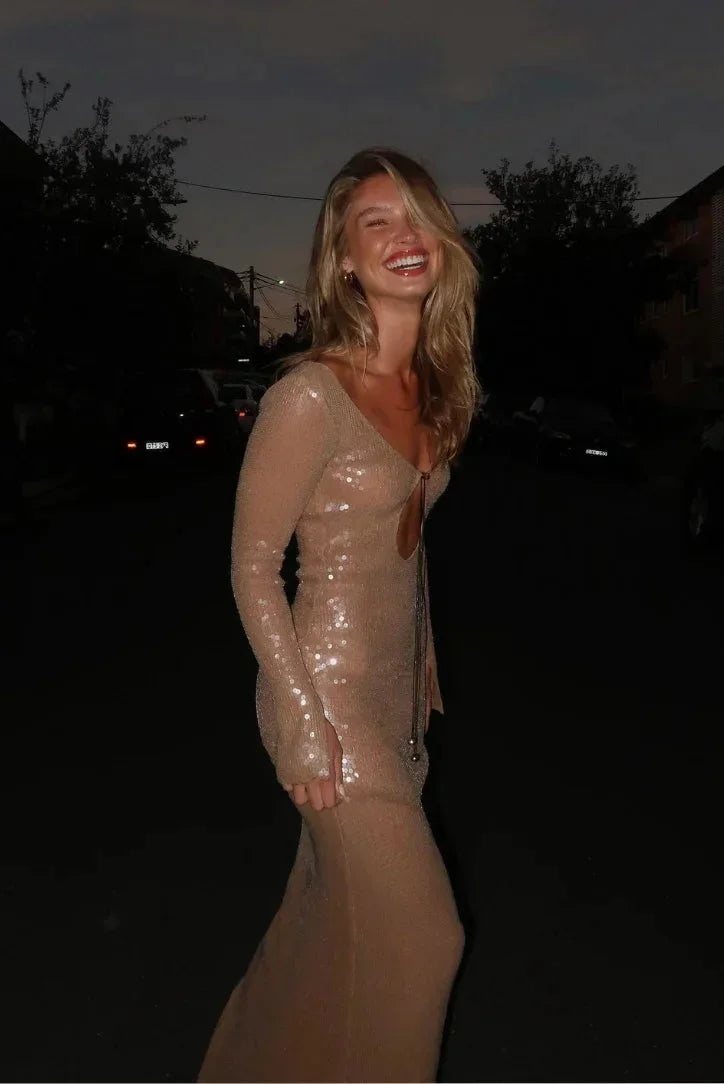 Robe longue femme beige pailletée manches longues col V | ROBEMODE