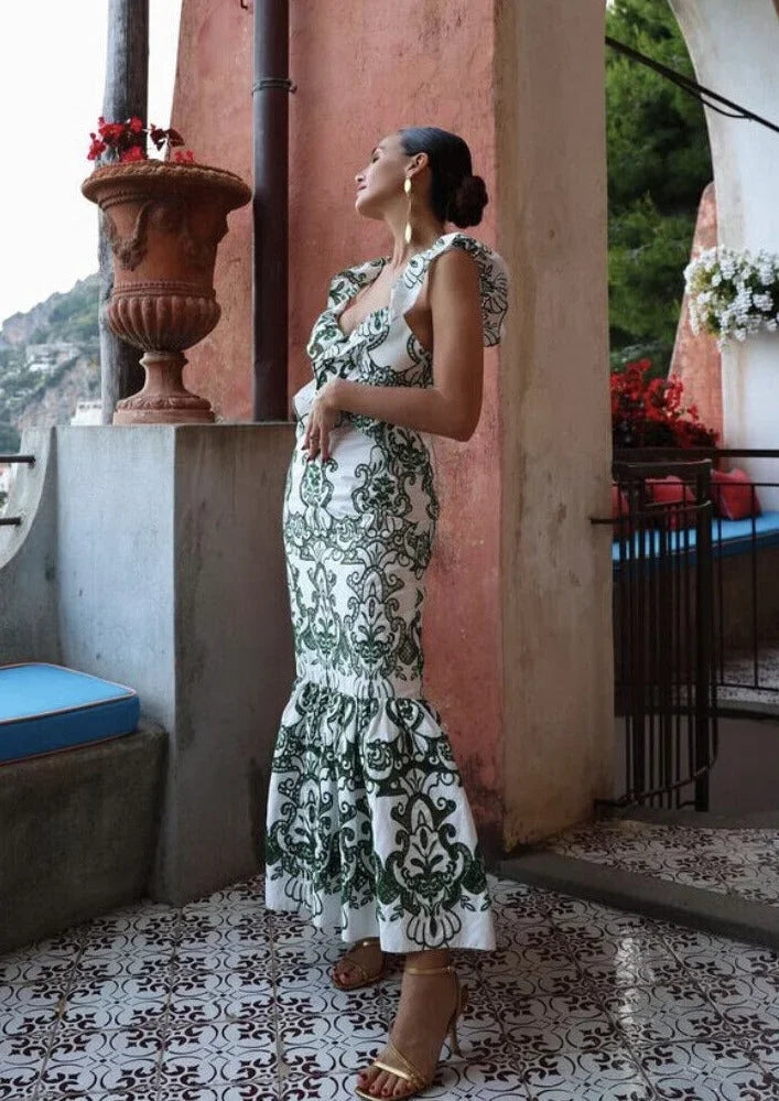 Robe longue femme imprimée vert et blanc à volants | ROBEMODE