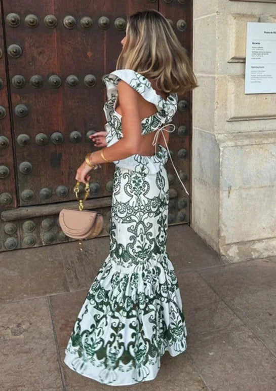 Robe longue femme imprimée vert et blanc à volants | ROBEMODE