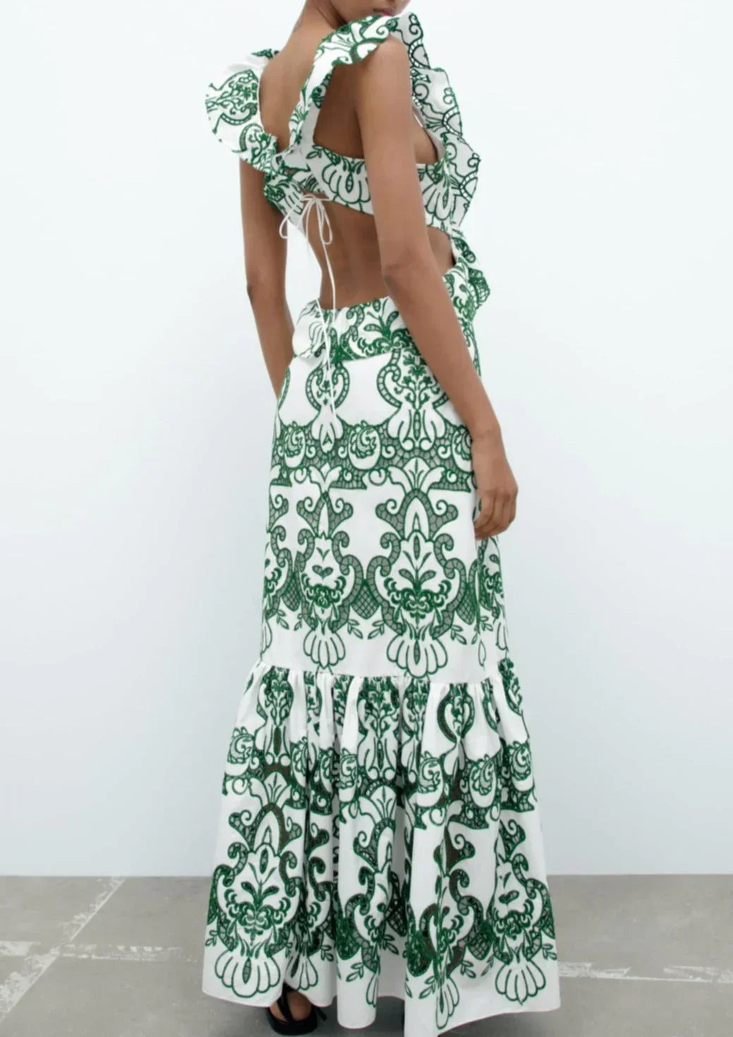 Robe longue femme imprimée vert et blanc à volants | ROBEMODE