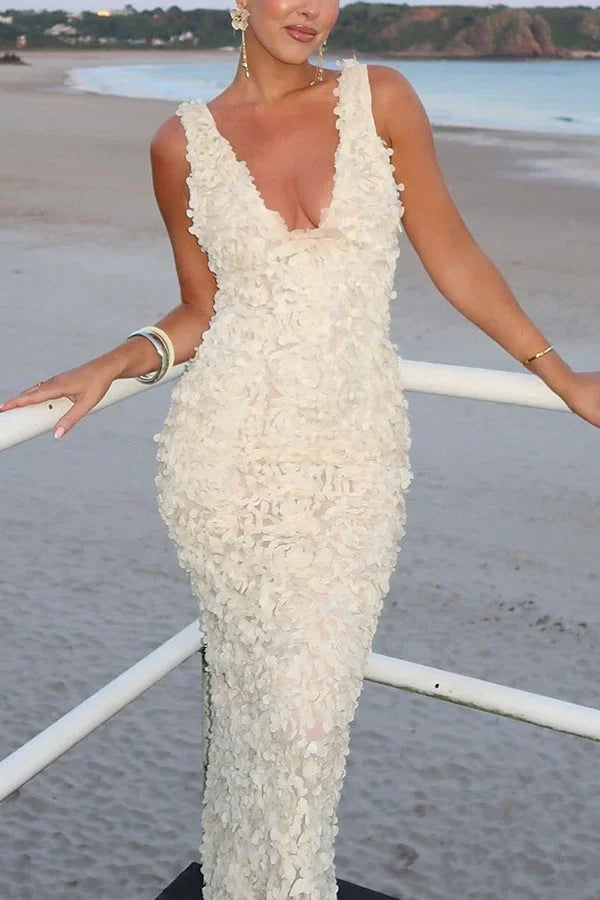 Robe longue dos nu blanche florale pour soirée été | ROBEMODE