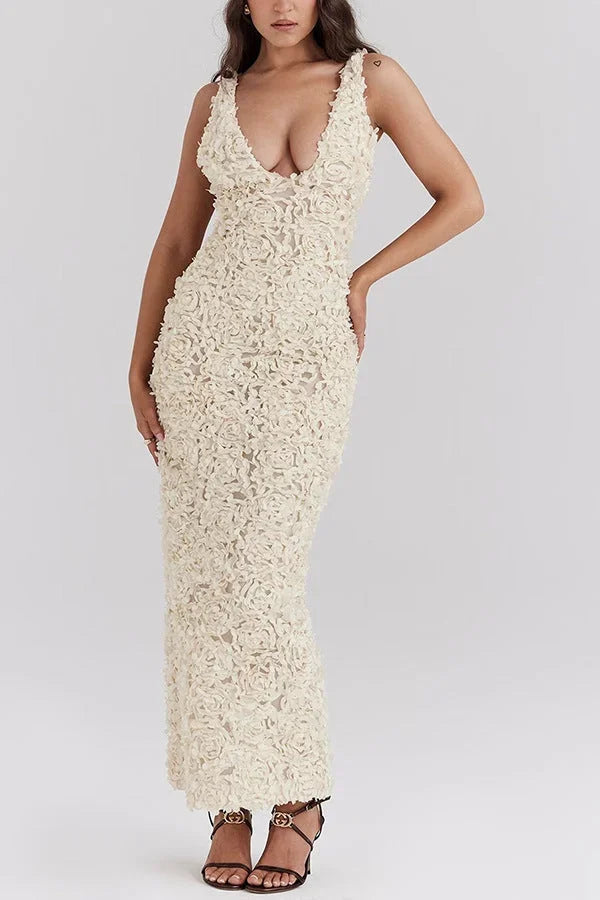 Robe longue dos nu blanche florale pour soirée été | ROBEMODE