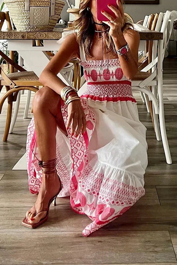 Robe longue blanche motifs roses encolure carrée | Coupe féminine + Style élégant + Facile à accessoiriser – ROBEMODE
