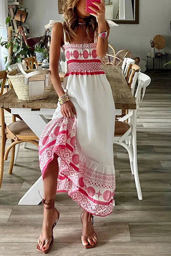 Robe longue blanche motifs roses encolure carrée | Coupe féminine + Style élégant + Facile à accessoiriser – ROBEMODE