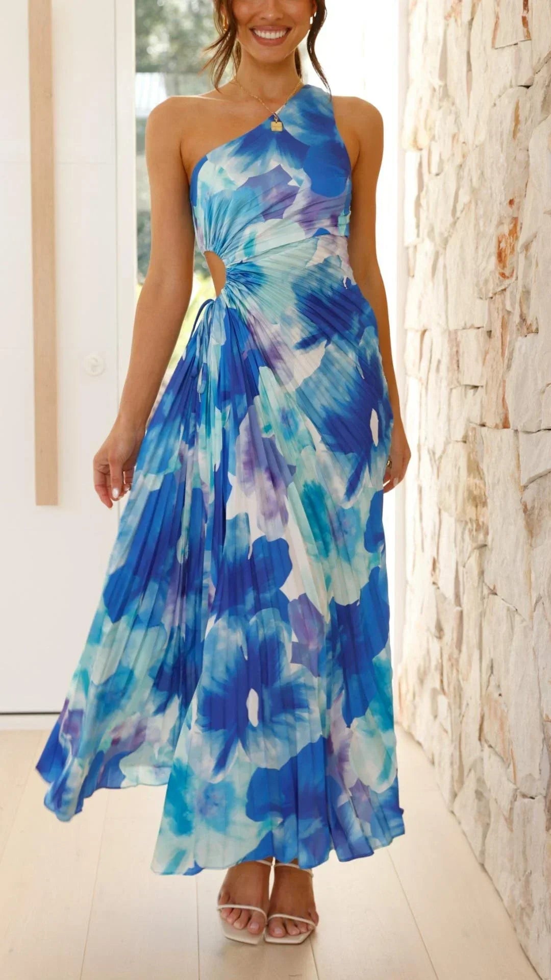 Robe longue femme florale bleue à une épaule été | Coupe féminine + Style élégant + Facile à accessoiriser – ROBEMODE
