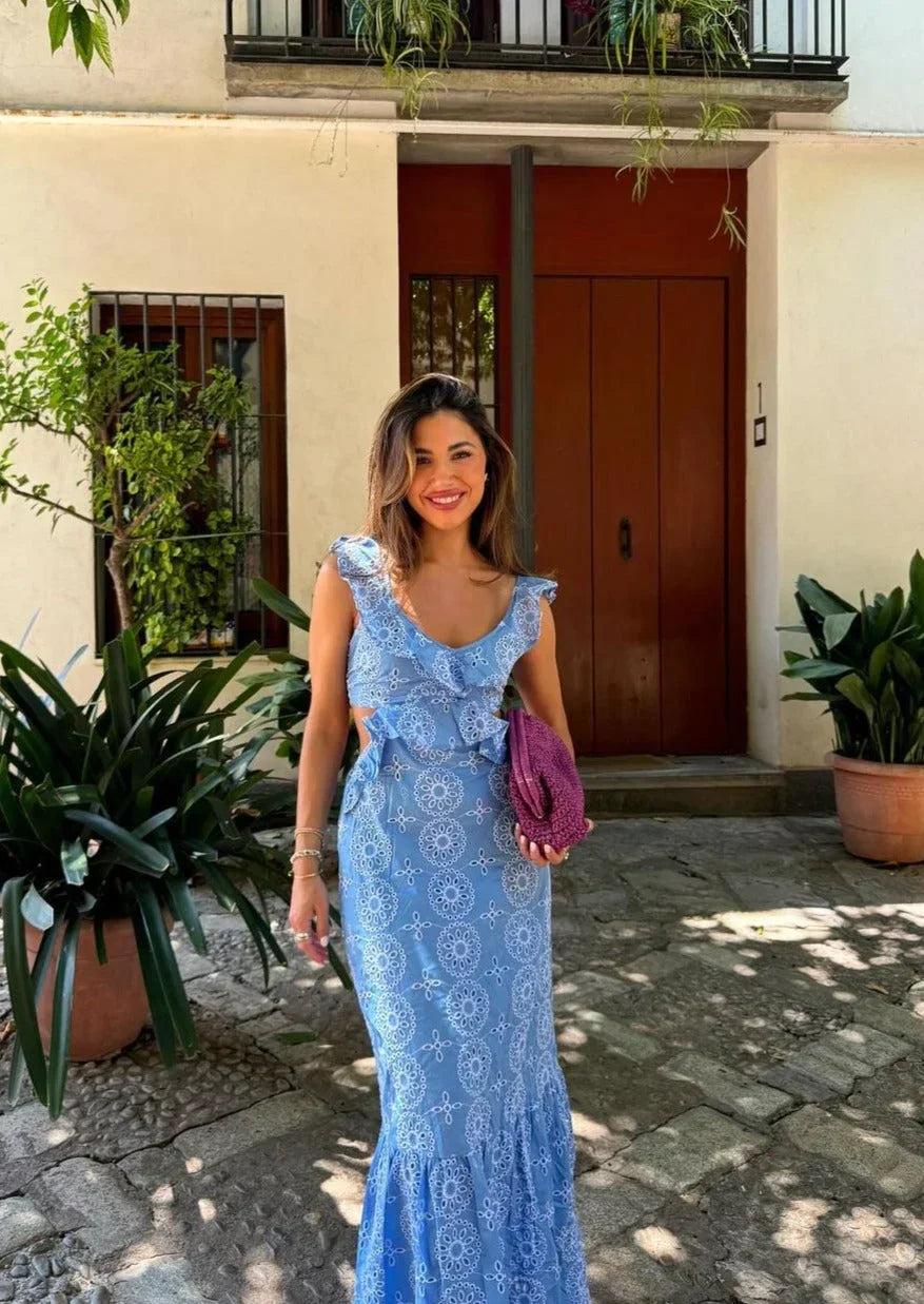 Robe longue bleue sans manches à motifs circulaires | Coupe féminine + Style élégant + Facile à accessoiriser – ROBEMODE