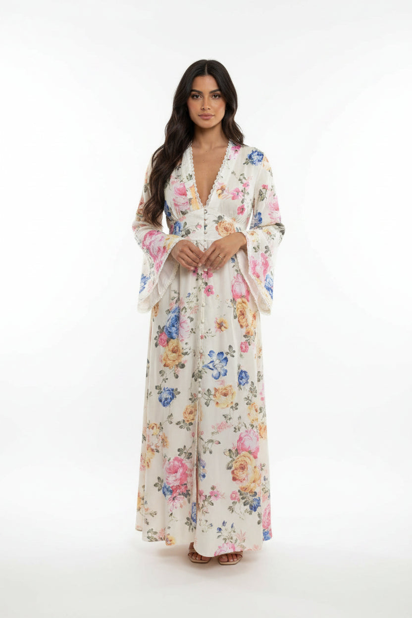 Robe longue bohème blanche motifs floraux manches longues | Coupe féminine + Style élégant + Facile à accessoiriser – ROBEMODE