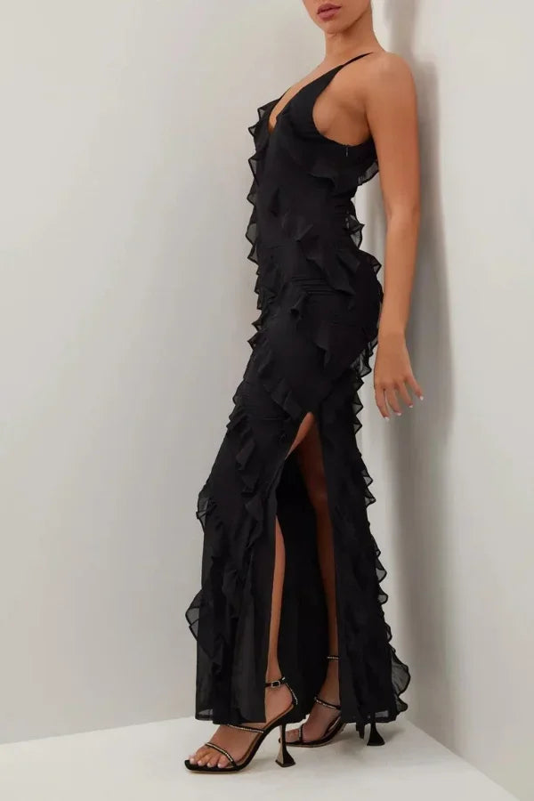 Robe longue fendue femme avec volants et bretelles fines