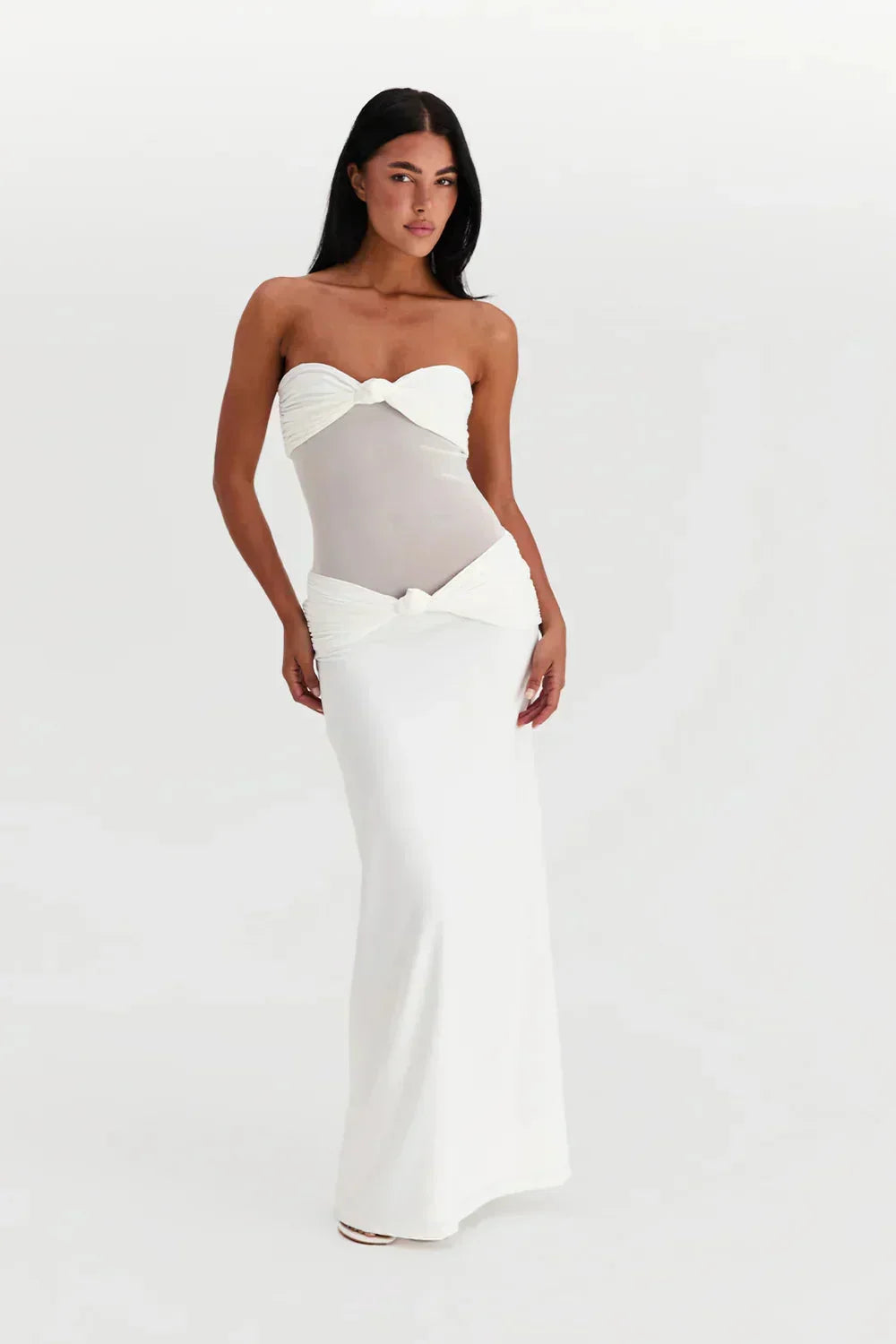 Robe longue bustier avec transparence et nœuds
