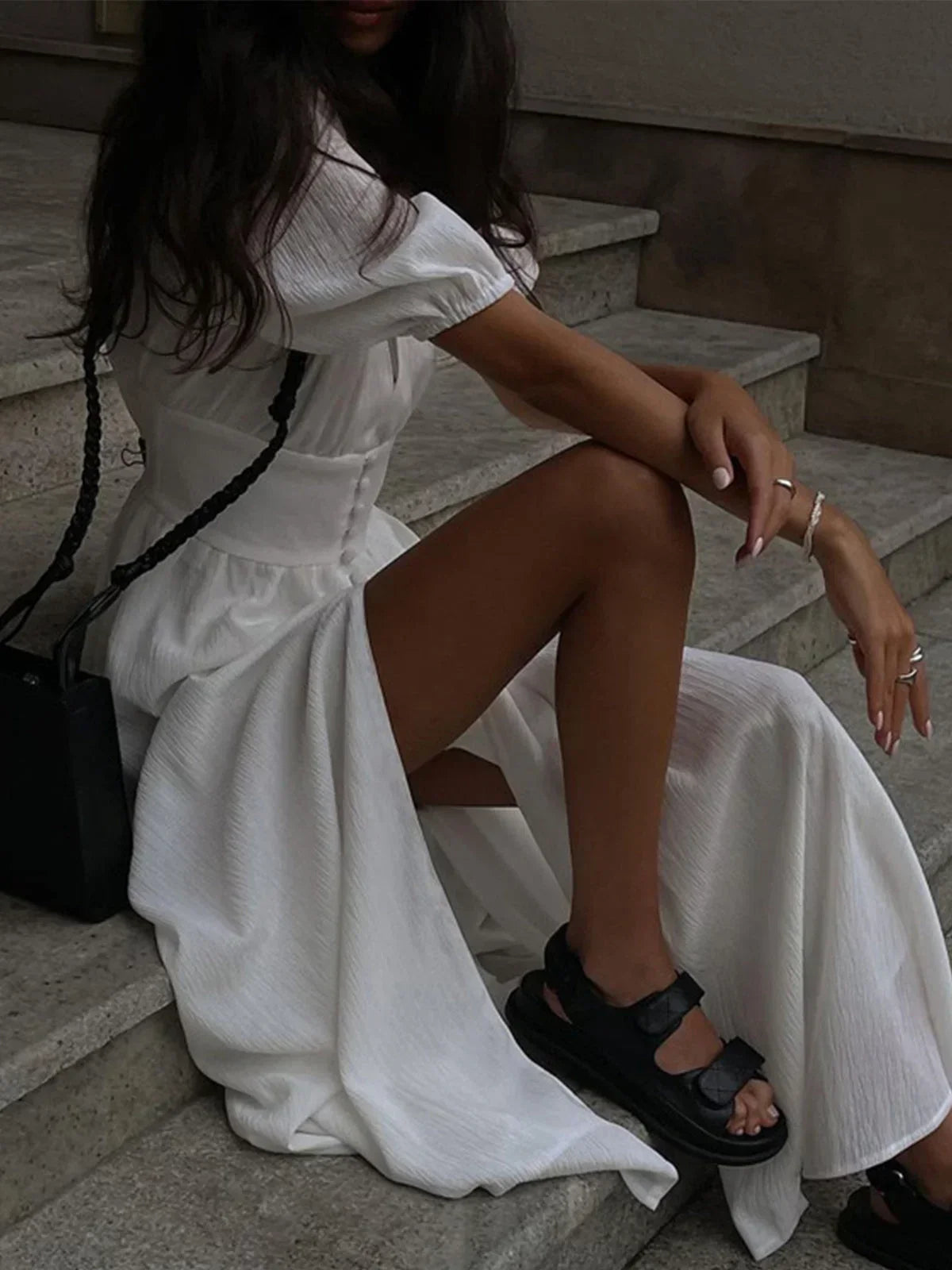 Robe longue cintrée avec boutons et manches bouffantes | Coupe féminine + Style élégant + Facile à accessoiriser – ROBEMODE