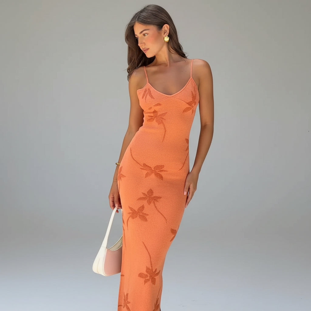 Robe longue corail imprimé floral dos nu ajustée | Coupe féminine + Style élégant + Facile à accessoiriser – ROBEMODE