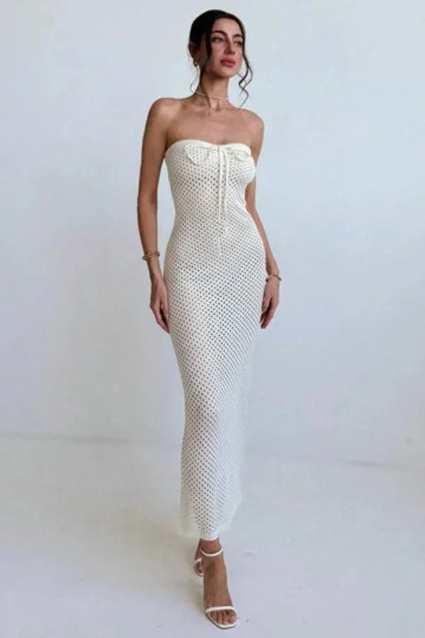 Robe longue femme crochet crème bustier ajustée