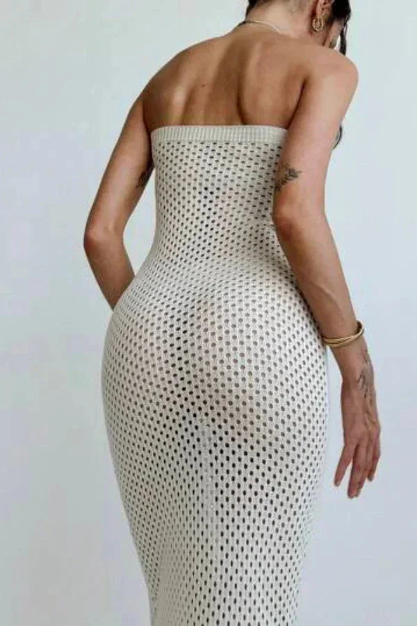 Robe longue femme crochet crème bustier ajustée