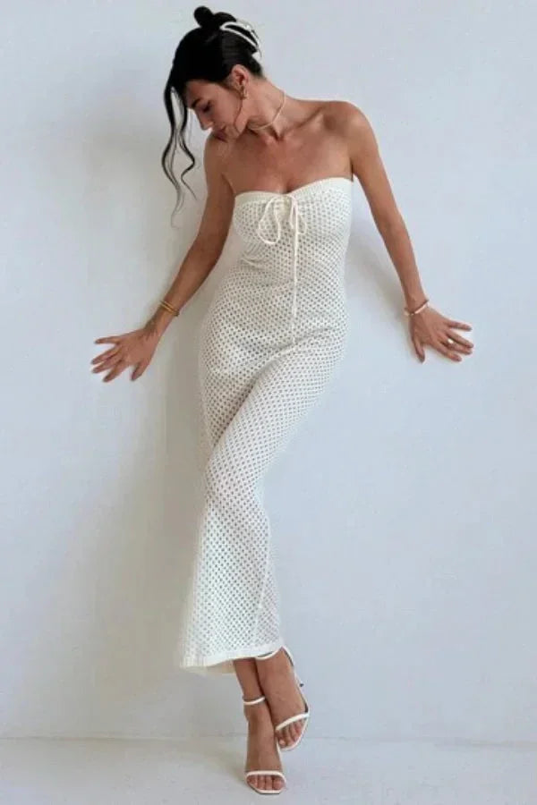 Robe longue femme crochet crème bustier ajustée