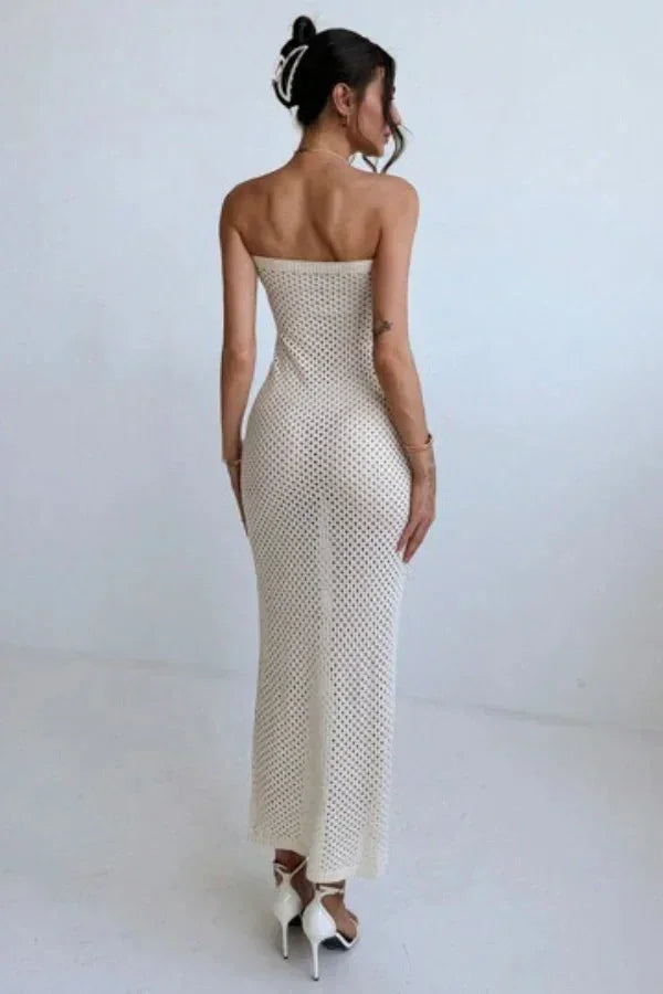 Robe longue femme crochet crème bustier ajustée
