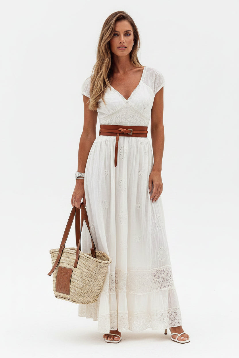 Robe longue femme avec dentelle ajourée et ceinture | Coupe féminine + Style élégant + Facile à accessoiriser – ROBEMODE