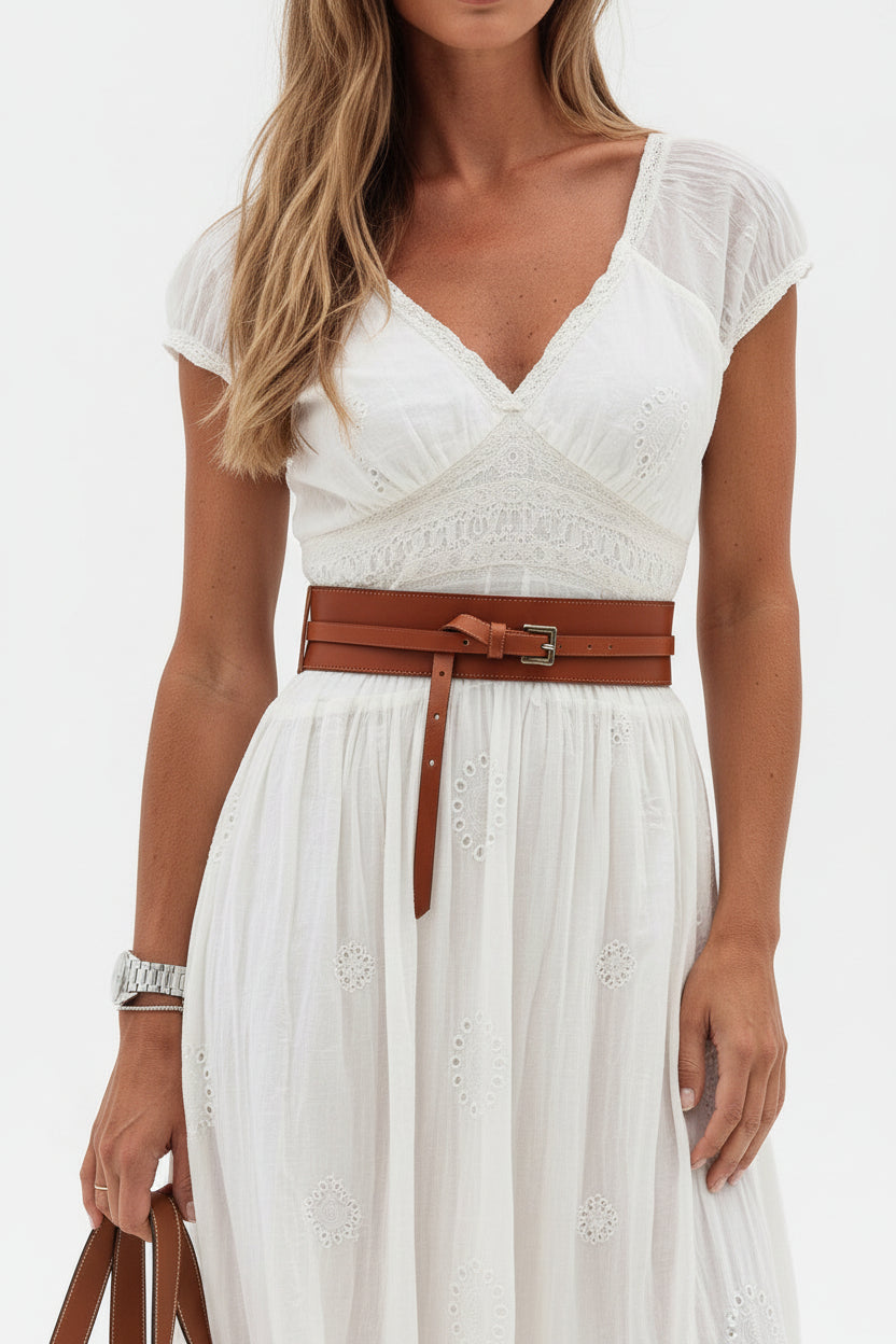 Robe longue femme avec dentelle ajourée et ceinture | Coupe féminine + Style élégant + Facile à accessoiriser – ROBEMODE