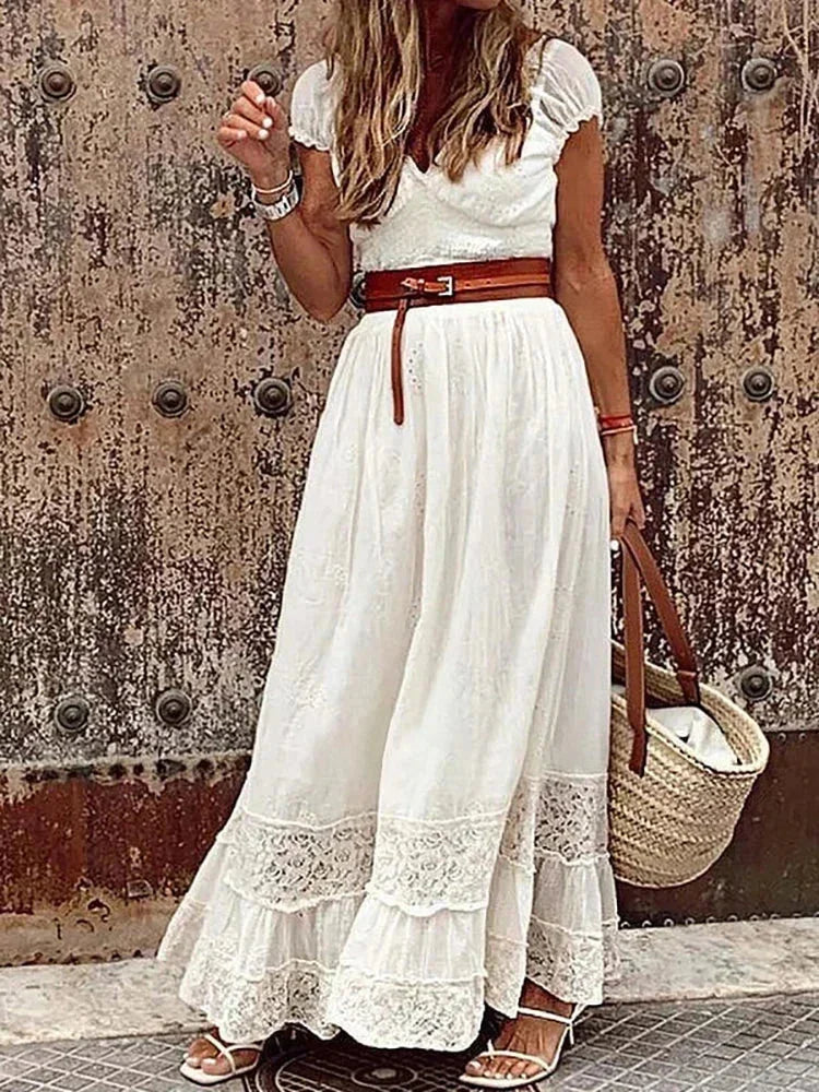 Robe longue femme avec dentelle ajourée et ceinture | Coupe féminine + Style élégant + Facile à accessoiriser – ROBEMODE