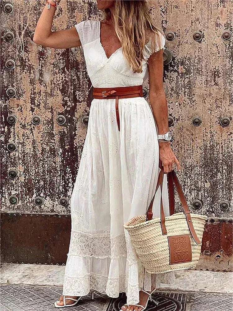 Robe longue femme avec dentelle ajourée et ceinture | Coupe féminine + Style élégant + Facile à accessoiriser – ROBEMODE