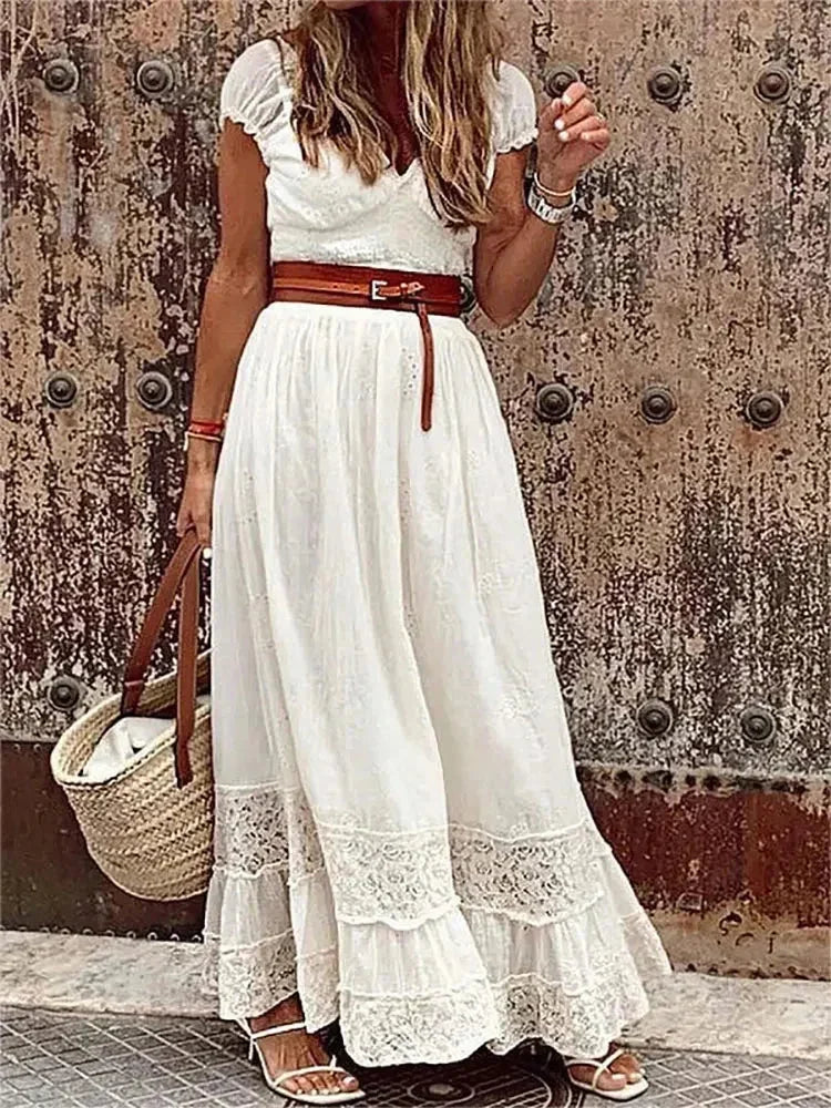 Robe longue femme avec dentelle ajourée et ceinture | Coupe féminine + Style élégant + Facile à accessoiriser – ROBEMODE