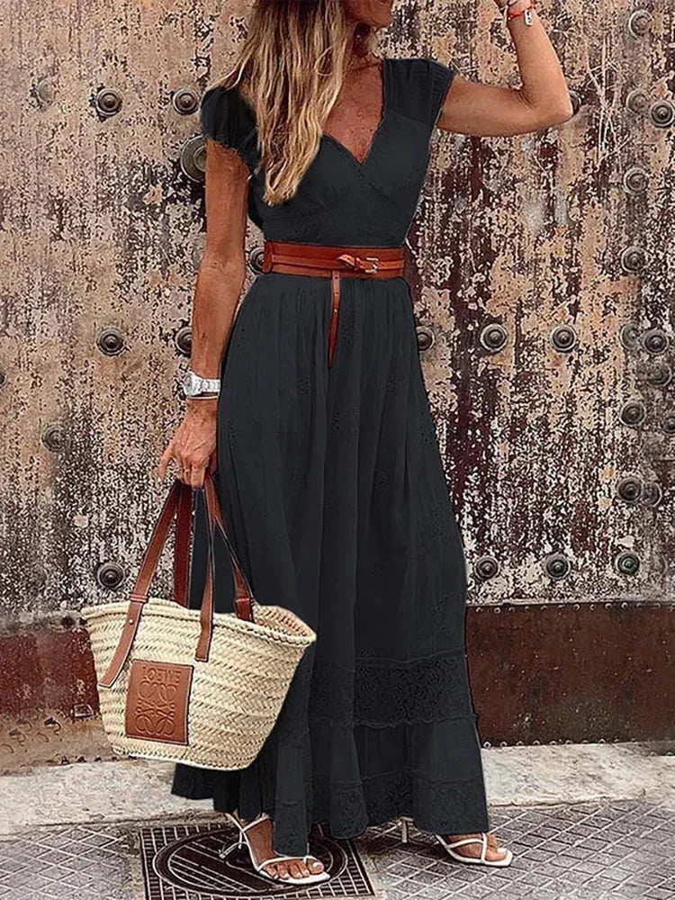 Robe longue femme avec dentelle ajourée et ceinture | Coupe féminine + Style élégant + Facile à accessoiriser – ROBEMODE