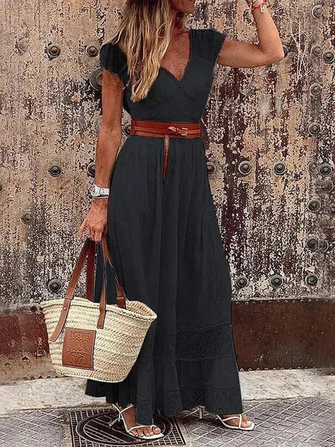 Robe longue femme avec dentelle ajourée et ceinture | Coupe féminine + Style élégant + Facile à accessoiriser – ROBEMODE