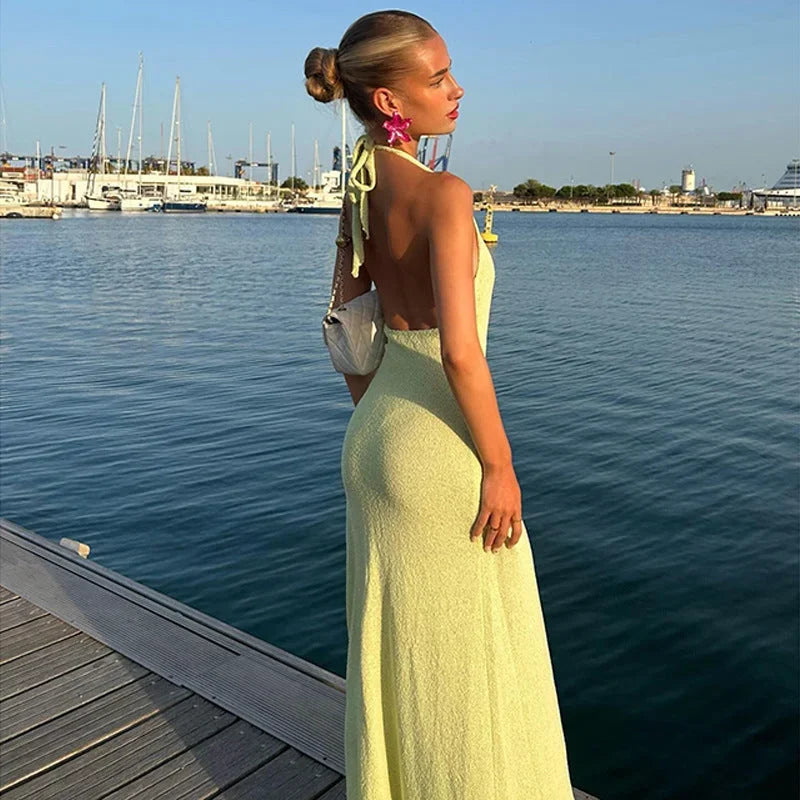 Robe longue femme dos nu avec fleur et fente | ROBEMODE